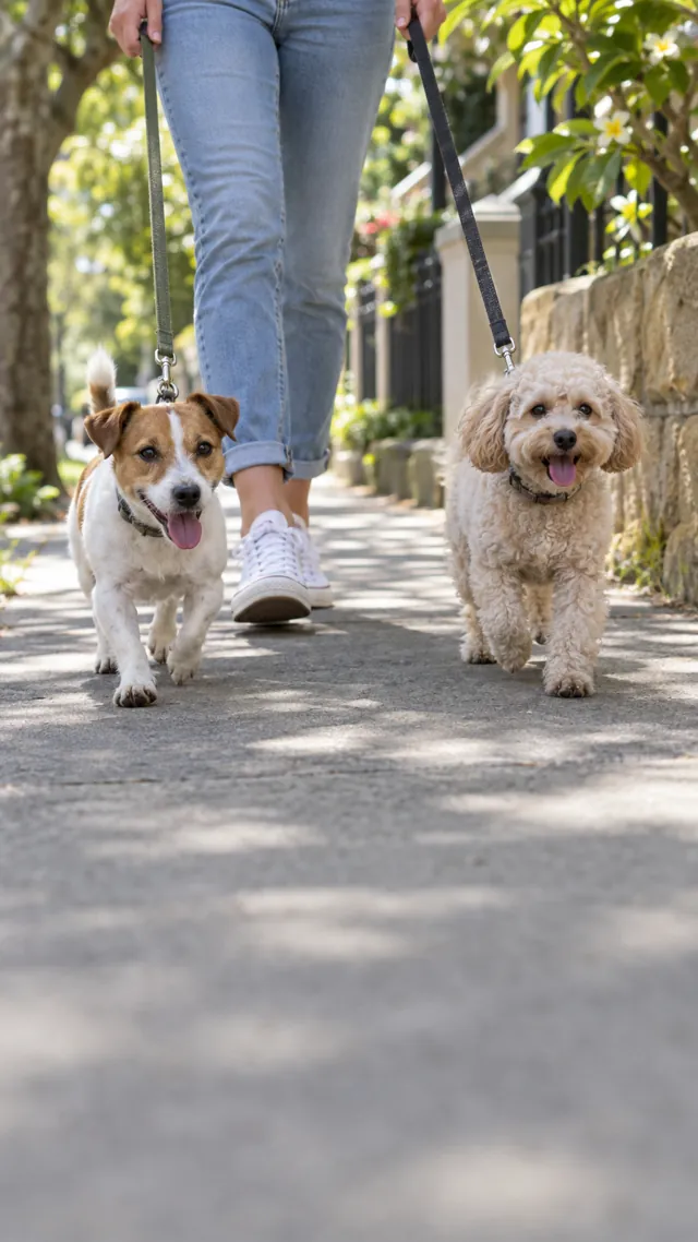 Two small dogs on leads walking a sunny footpath