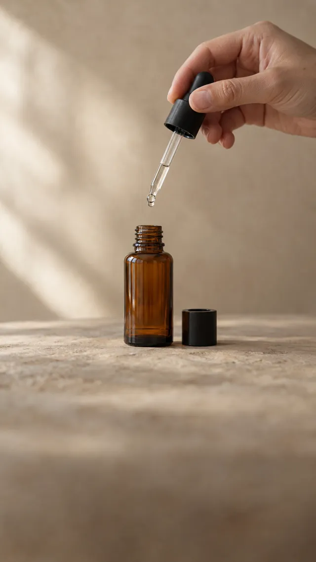 A hand holding a glass dropper over a small amber bottle